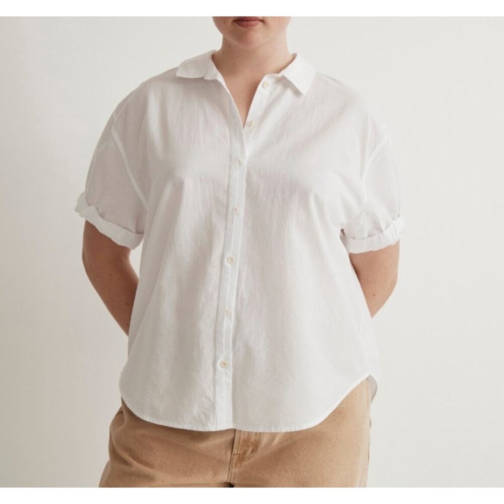 NWT Madewell White Button Short Sleeve Cotton Linen Blend Slim Central Shirt-XL